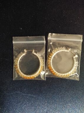 Source Unknown Silver Hoop Earrings with Amber Beads
